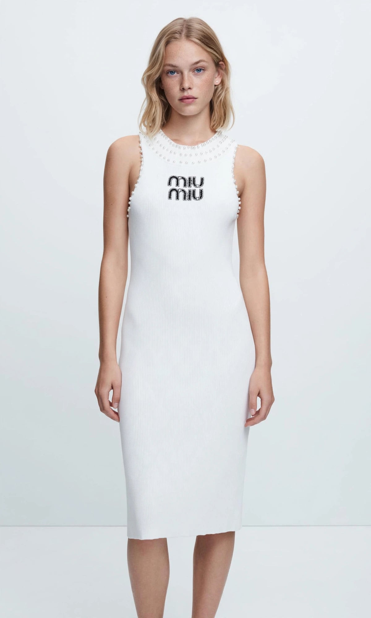 MIU MIU Elegant White Pearl-Embellished Ribbed Knit Midi Dress #00309