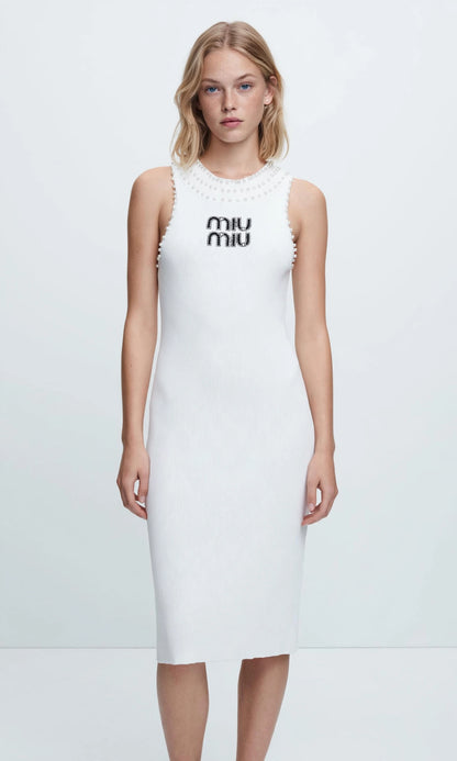 MIU MIU Elegant White Pearl-Embellished Ribbed Knit Midi Dress #00309