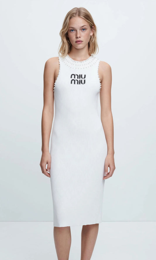 MIU MIU Elegant White Pearl-Embellished Ribbed Knit Midi Dress #00309