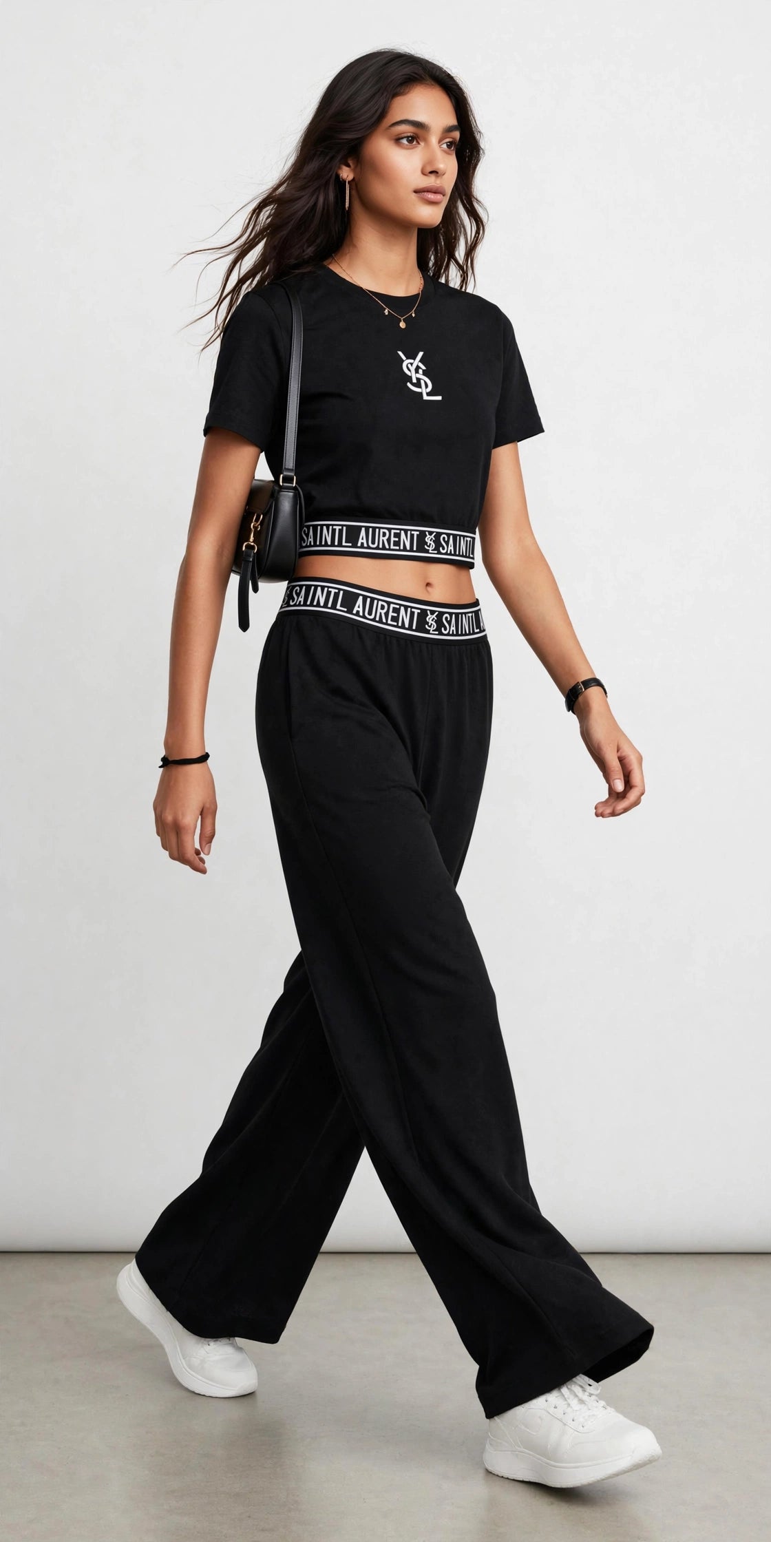 YSL Black Cropped Logo Band T-Shirt & Wide-Leg Pants Set #00305