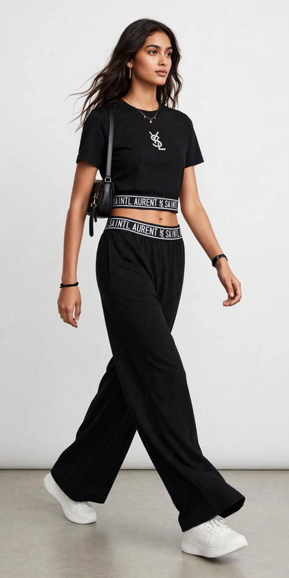 YSL Black Cropped Logo Band T-Shirt & Wide-Leg Pants Set #00305