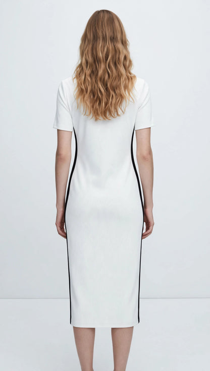 Miu Miu-Inspired Colorblock Tee Midi Dress - White & Black Sporty Knit #00311
