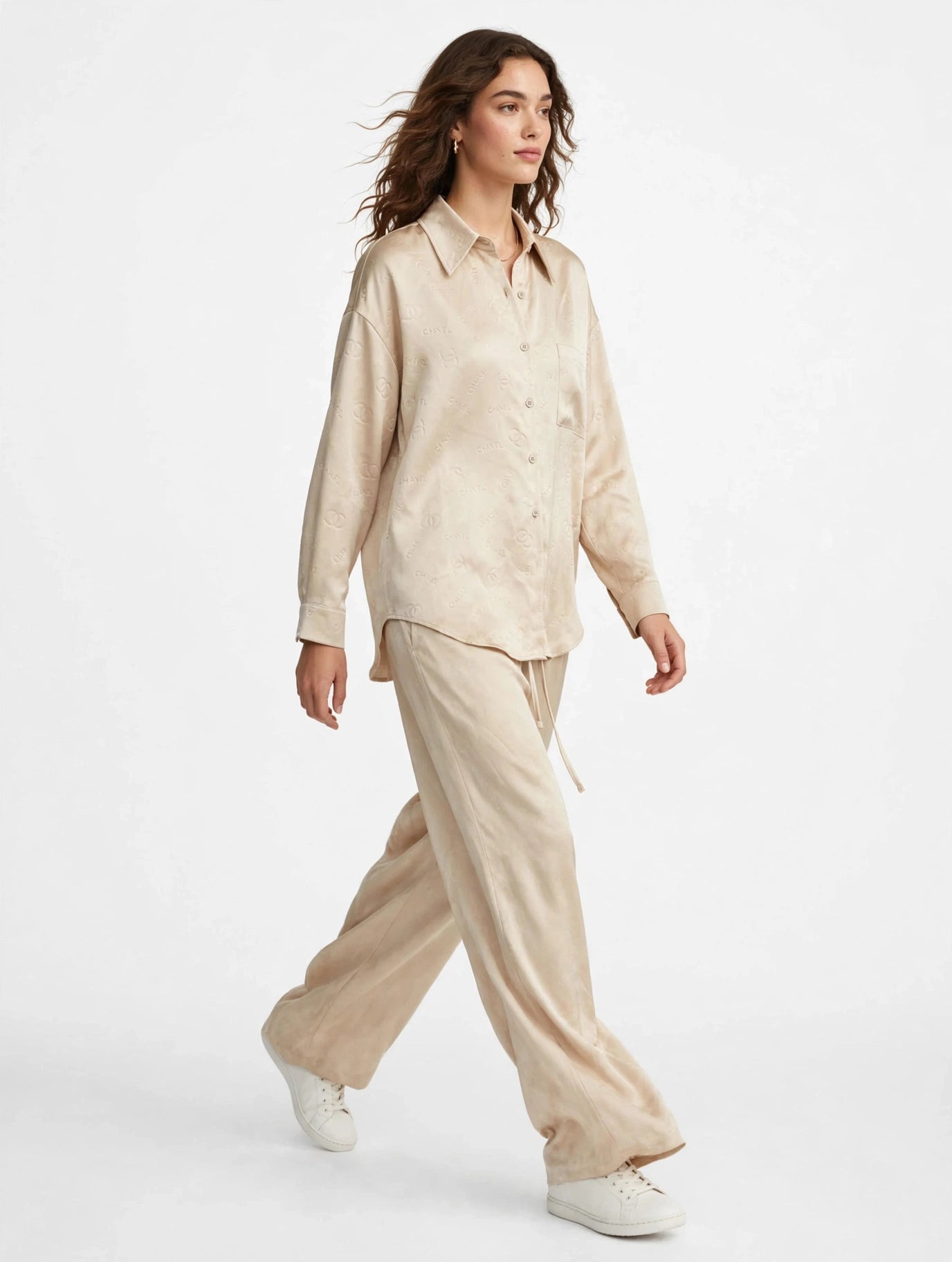 Chanel Satin Monogram Shirt & Wide-Leg Pants Set #00306