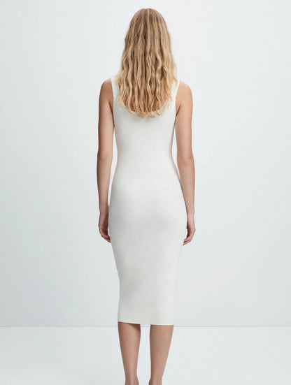 Miu Miu-Inspired Logo Waistband Knit Midi Dress - Beige & Black Bodycon
#00313
