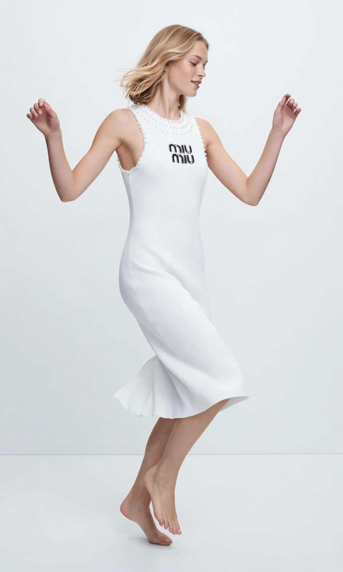 MIU MIU Elegant White Pearl-Embellished Ribbed Knit Midi Dress #00309