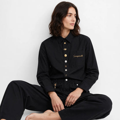 Schiaparelli-Inspired Charm Button Shirt & Wide Leg Pants Set - Black Co-ord #00314