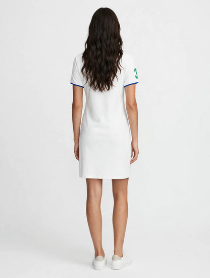 Women's Polo Dress - White Cotton Pique with Blue & Green Details | Sporty Chic Mini Dress #00315