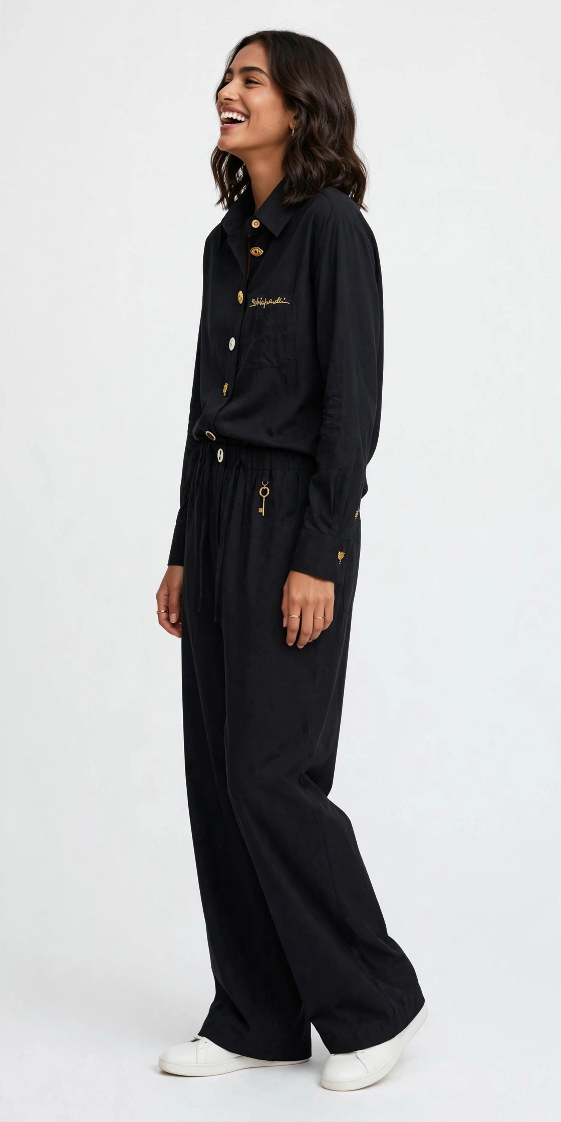Schiaparelli-Inspired Charm Button Shirt & Wide Leg Pants Set - Black Co-ord #00314