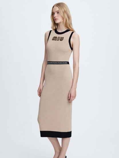 Miu Miu-Inspired Logo Waistband Knit Midi Dress - Beige & Black Bodycon
#00312