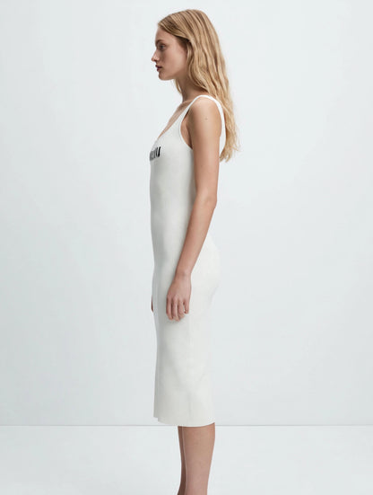 Miu Miu-Inspired Logo Waistband Knit Midi Dress - Beige & Black Bodycon
#00313