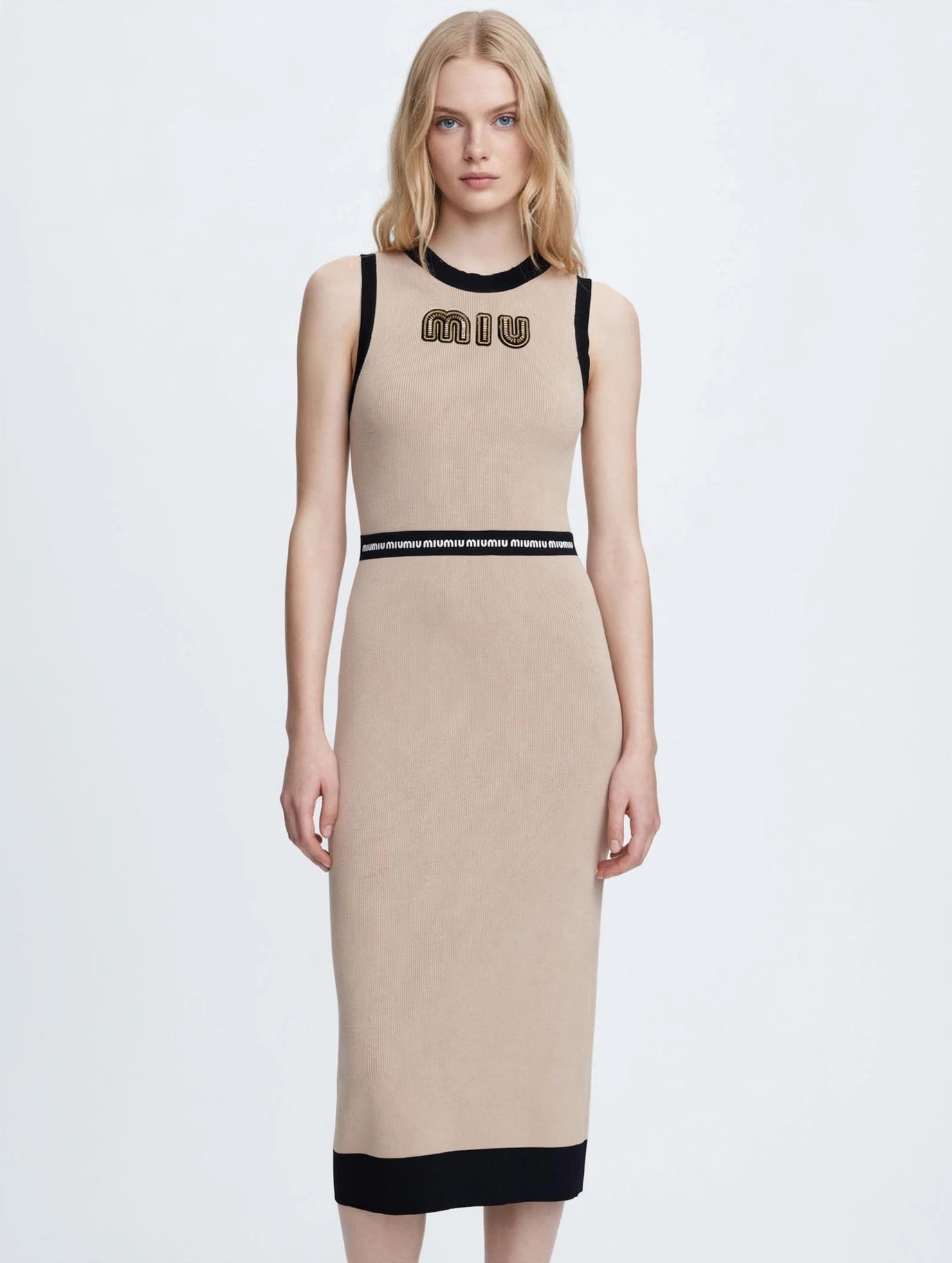 Miu Miu-Inspired Logo Waistband Knit Midi Dress - Beige & Black Bodycon
#00312