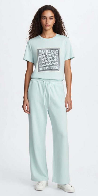 Christine Dior Monogram Square Print T-Shirt & Wide-Leg Pants Set #00303