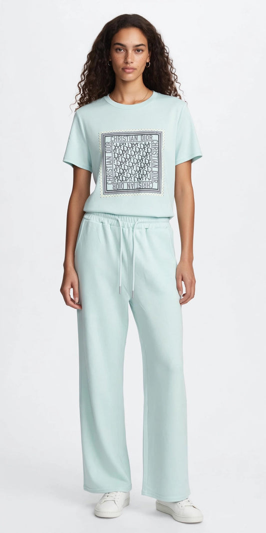 Christine Dior Monogram Square Print T-Shirt & Wide-Leg Pants Set #00303