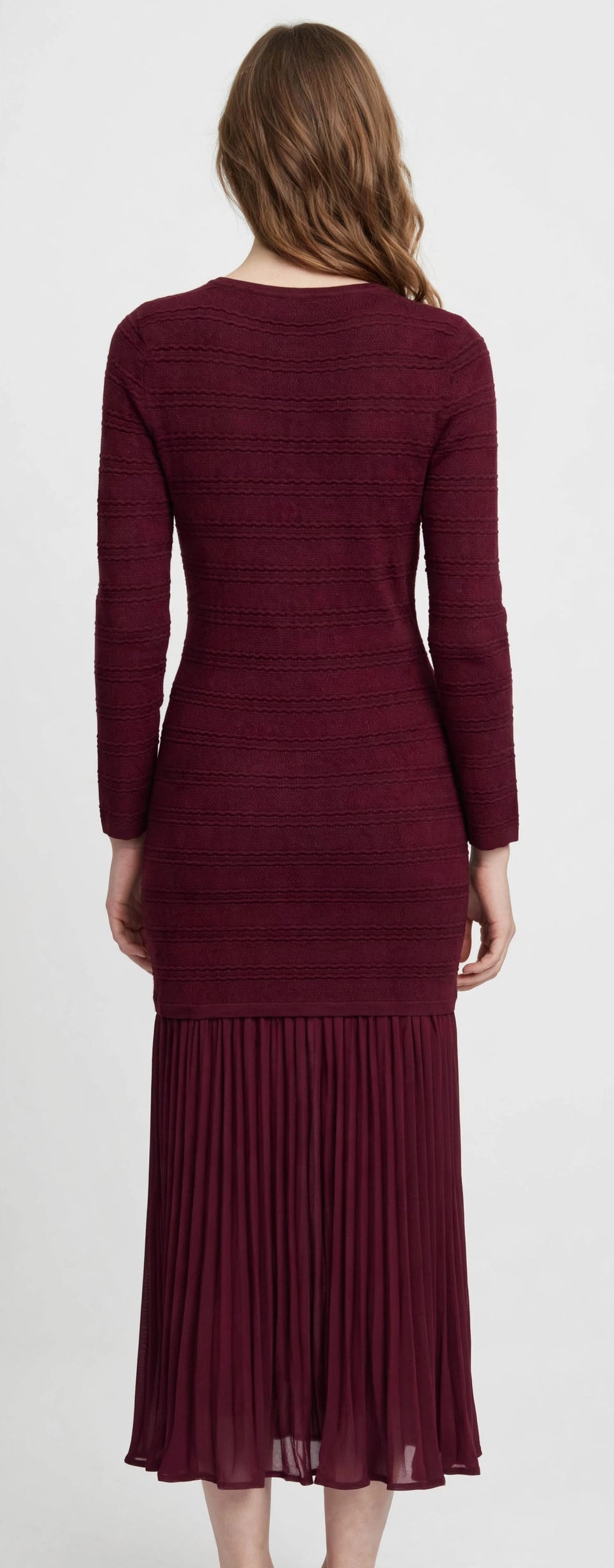 Elegant Burgundy Knit Midi Dress with Gold Buttons & Pleated Hem #00307