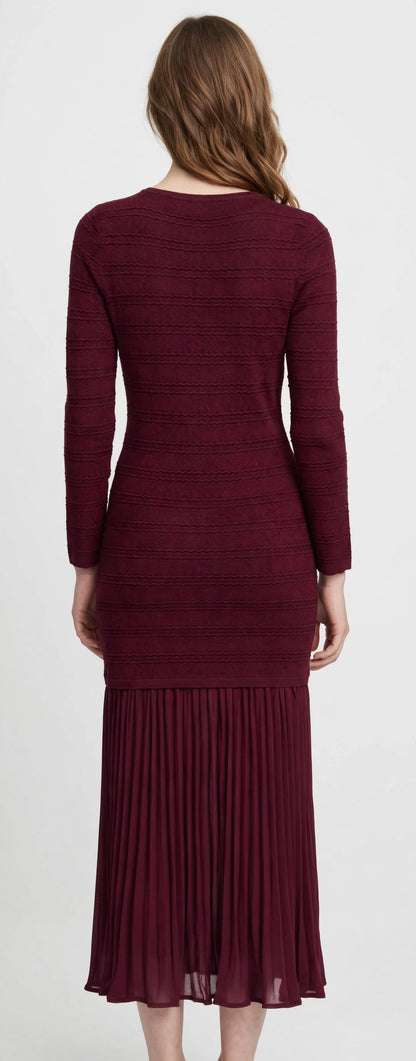 Elegant Burgundy Knit Midi Dress with Gold Buttons & Pleated Hem #00307