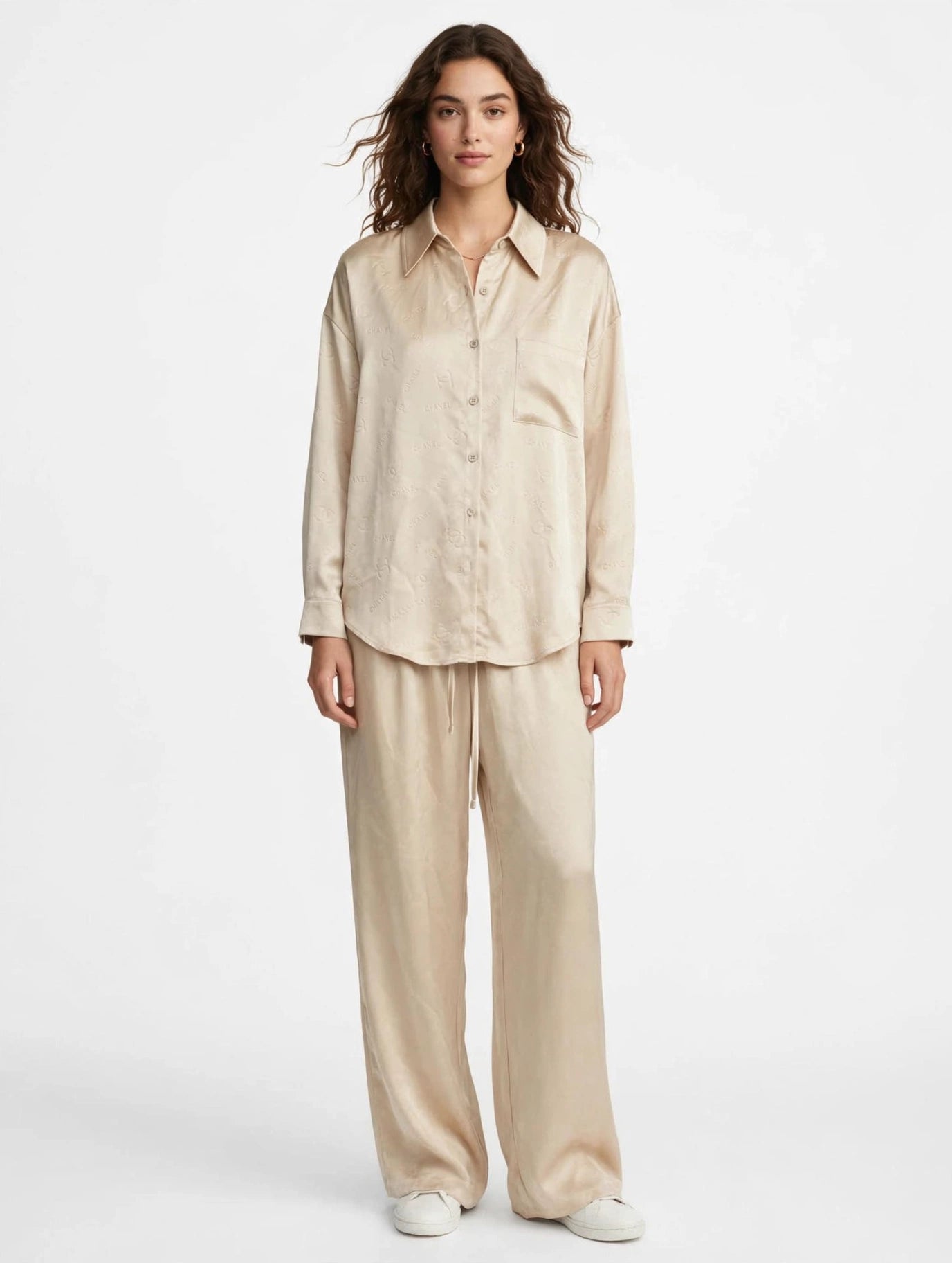Chanel Satin Monogram Shirt & Wide-Leg Pants Set #00306