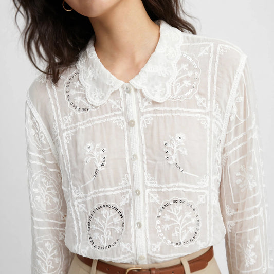 Glamè White Embroidered Lace Crop Blouse  #00296