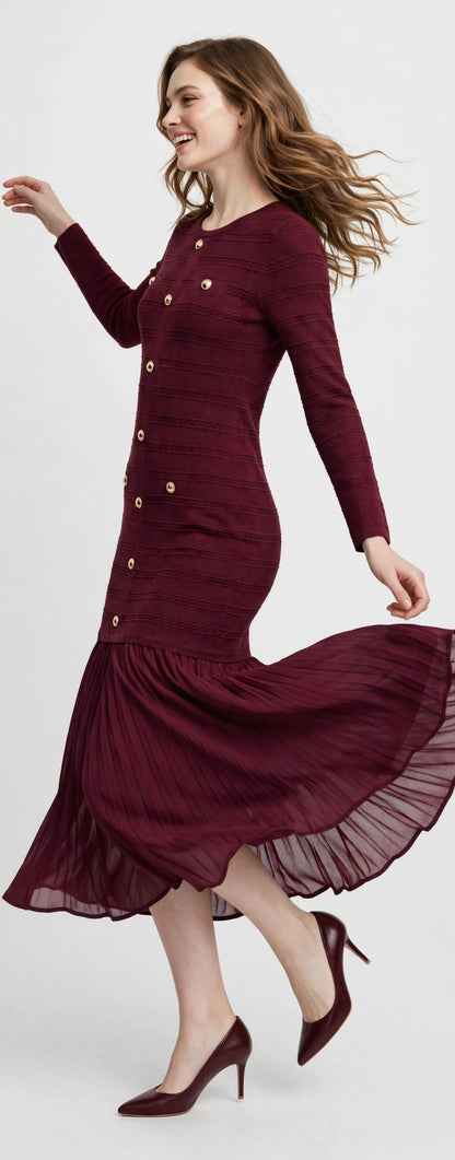 Elegant Burgundy Knit Midi Dress with Gold Buttons & Pleated Hem #00307