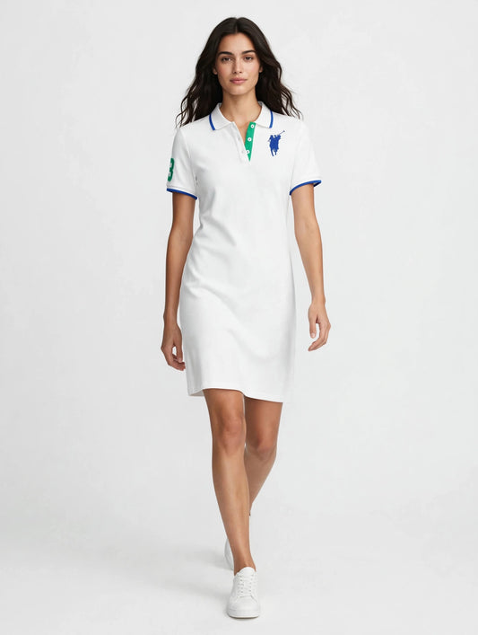 Women's Polo Dress - White Cotton Pique with Blue & Green Details | Sporty Chic Mini Dress #00315