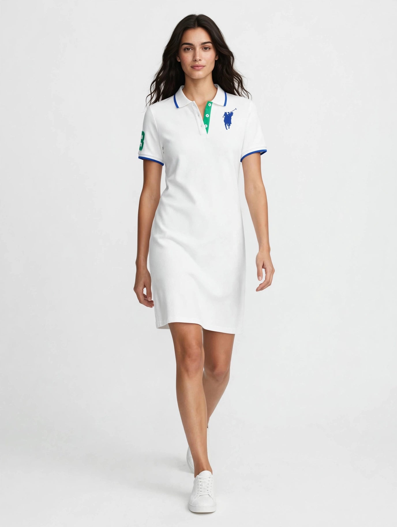 Women's Polo Dress - White Cotton Pique with Blue & Green Details | Sporty Chic Mini Dress #00315