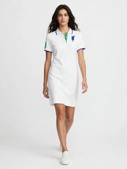 Women's Polo Dress - White Cotton Pique with Blue & Green Details | Sporty Chic Mini Dress #00315