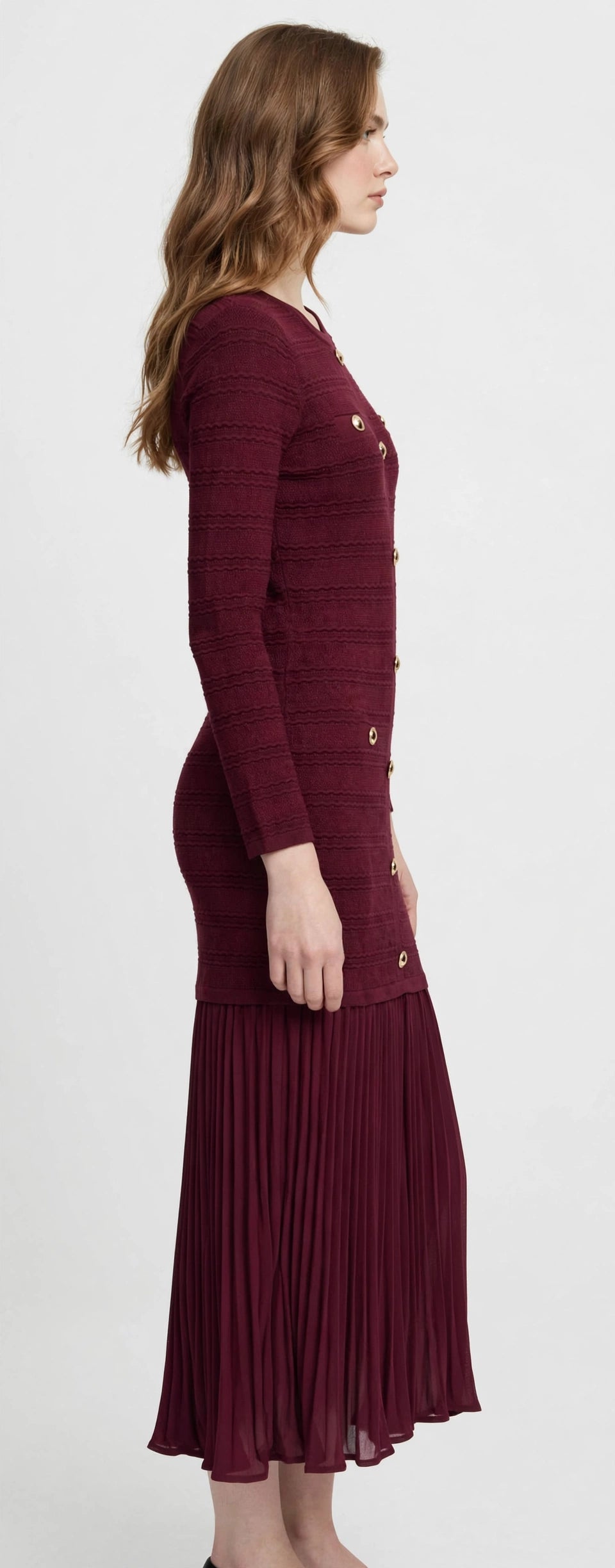 Elegant Burgundy Knit Midi Dress with Gold Buttons & Pleated Hem #00307