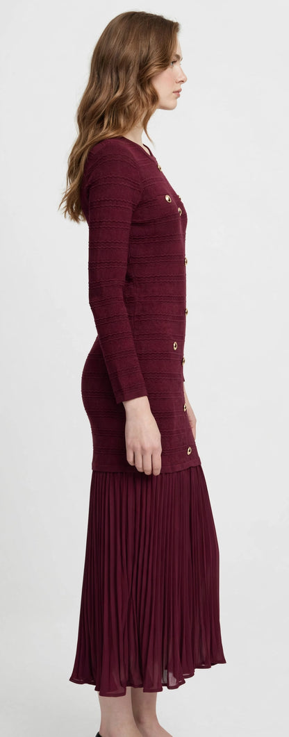 Elegant Burgundy Knit Midi Dress with Gold Buttons & Pleated Hem #00307