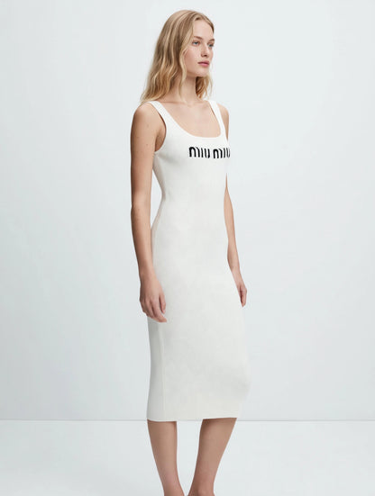 Miu Miu-Inspired Logo Waistband Knit Midi Dress - Beige & Black Bodycon
#00313