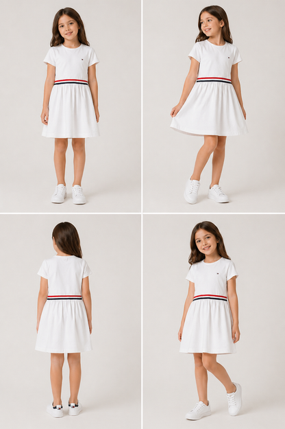 Tommy Hilfiger Girls White Stripe Waist Dress-#00273
