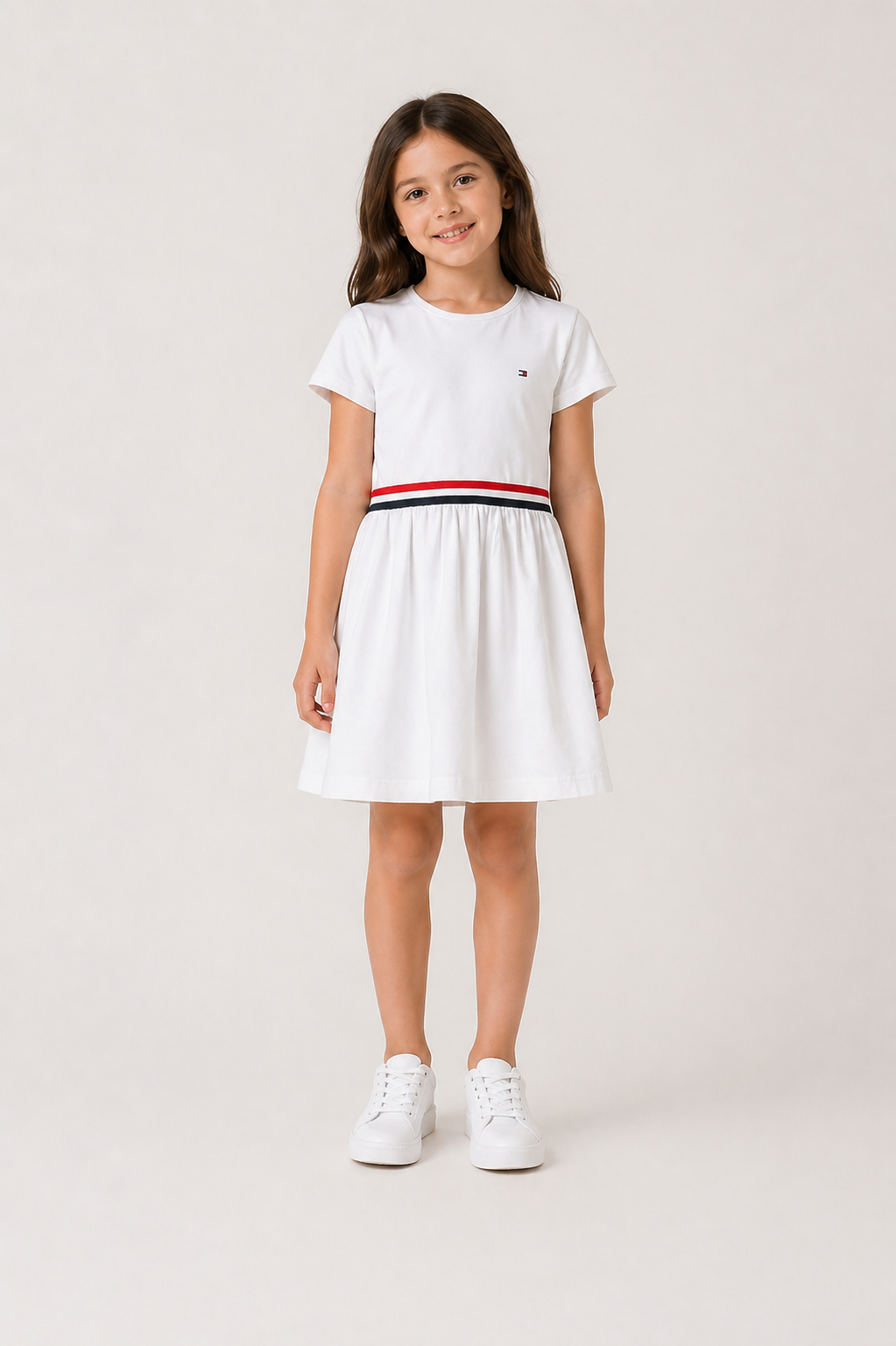 Tommy Hilfiger Girls White Stripe Waist Dress-#00273