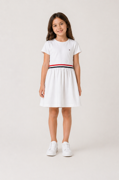 Tommy Hilfiger Girls White Stripe Waist Dress-#00273