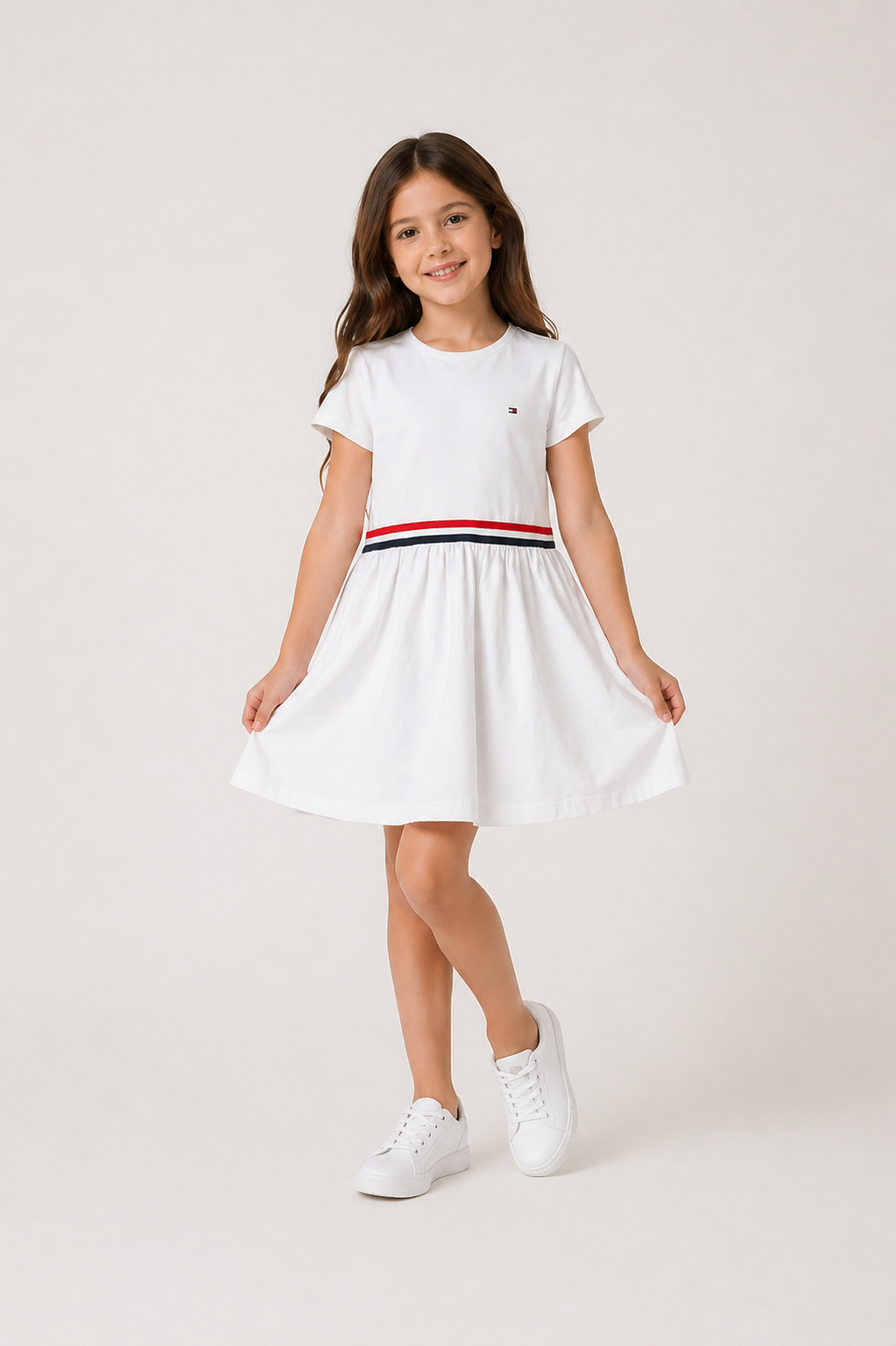 Tommy Hilfiger Girls White Stripe Waist Dress-#00273