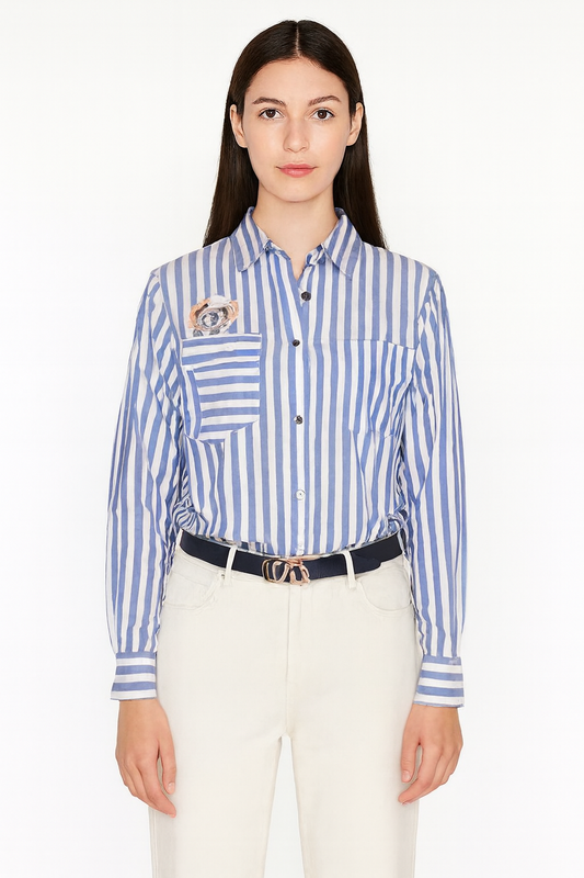 Tommy Hilfiger Blue Striped Button-Up Shirt with Patch Detail