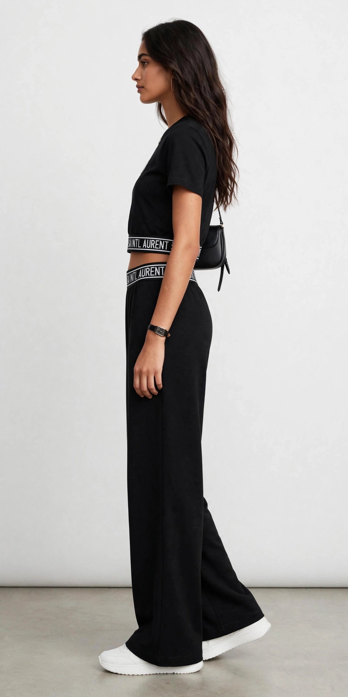 YSL Black Cropped Logo Band T-Shirt & Wide-Leg Pants Set #00305