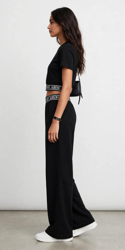 YSL Black Cropped Logo Band T-Shirt & Wide-Leg Pants Set #00305