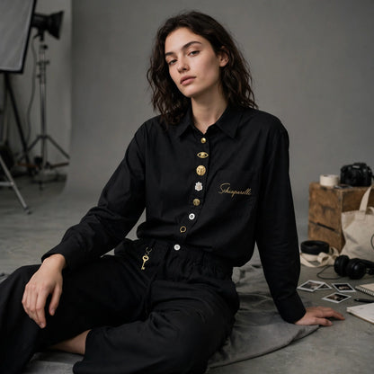 Schiaparelli-Inspired Charm Button Shirt & Wide Leg Pants Set - Black Co-ord #00314