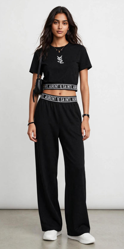 YSL Black Cropped Logo Band T-Shirt & Wide-Leg Pants Set #00305