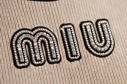 Miu Miu-Inspired Logo Waistband Knit Midi Dress - Beige & Black Bodycon
#00312
