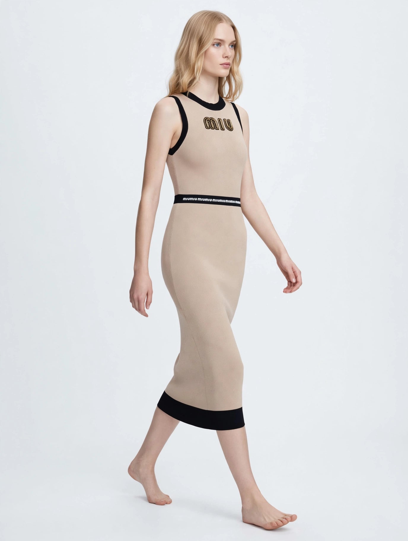 Miu Miu-Inspired Logo Waistband Knit Midi Dress - Beige & Black Bodycon
#00312