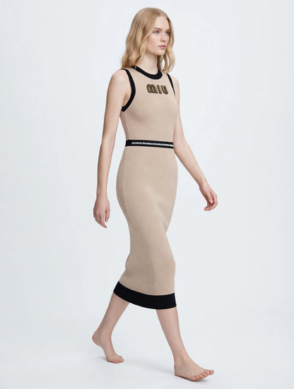 Miu Miu-Inspired Logo Waistband Knit Midi Dress - Beige & Black Bodycon
#00312