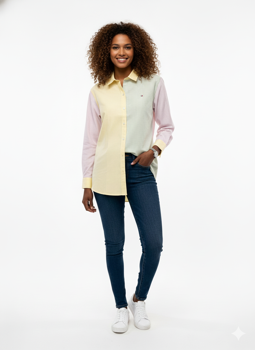 Tommy Hilfiger Relaxed Fit Color Block & Stripe Poplin Shirt -#00201