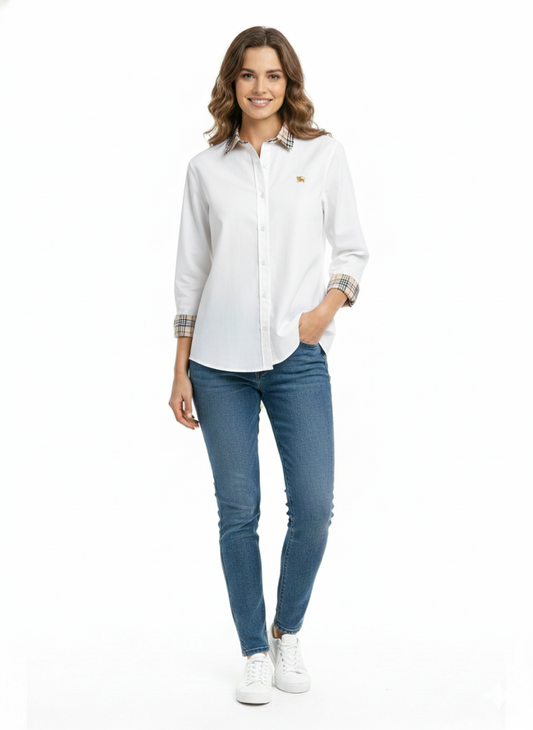 Burberry Classic White Oxford Shirt with Check Trim -#00202
