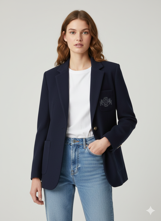 Tommy Hilfiger Classic Navy blue Wool-Blend Blazer with Gold Crest -#00214