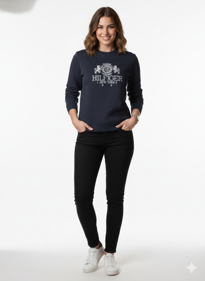Tommy Hilfiger Navy Blue Crest Graphic Crewneck Sweatshirt -#00205