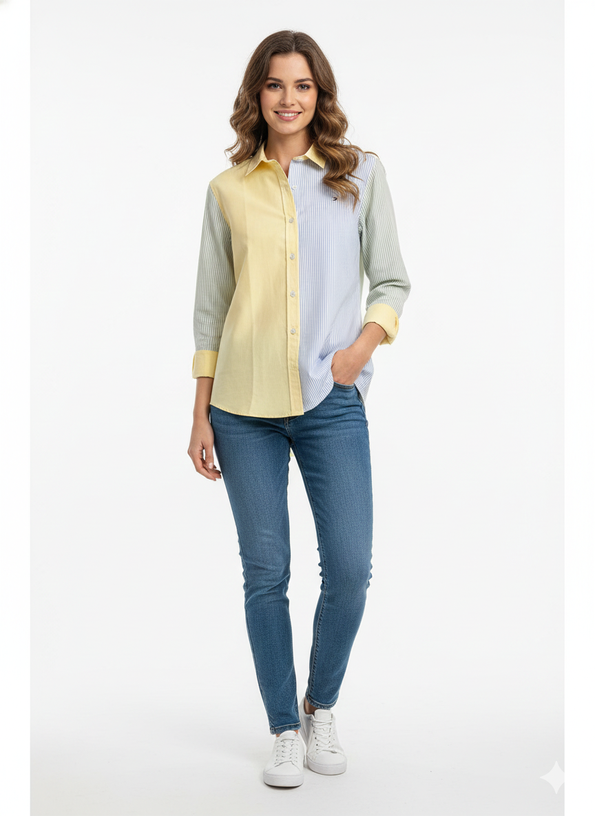 Tommy Hilfiger Signature Color Block & Stripe Poplin Shirt -#00204