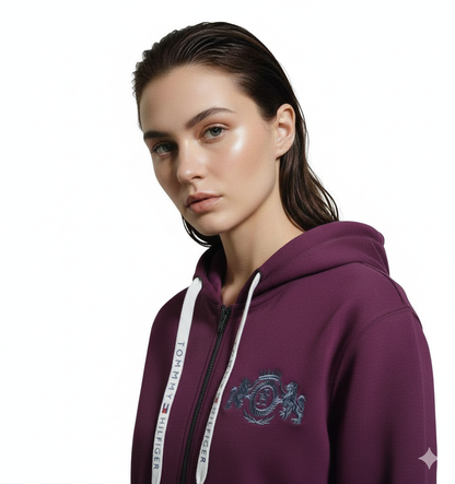 Tommy Hilfiger/Tommy Jeans Burgundy Zip-Up Fleece Hoodie -#00208