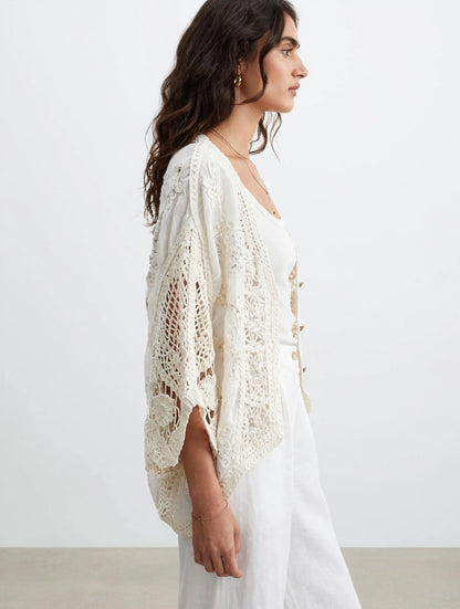 Glamè Off White Boho Crochet Cardigan with Sequin Embroidery  
#00297