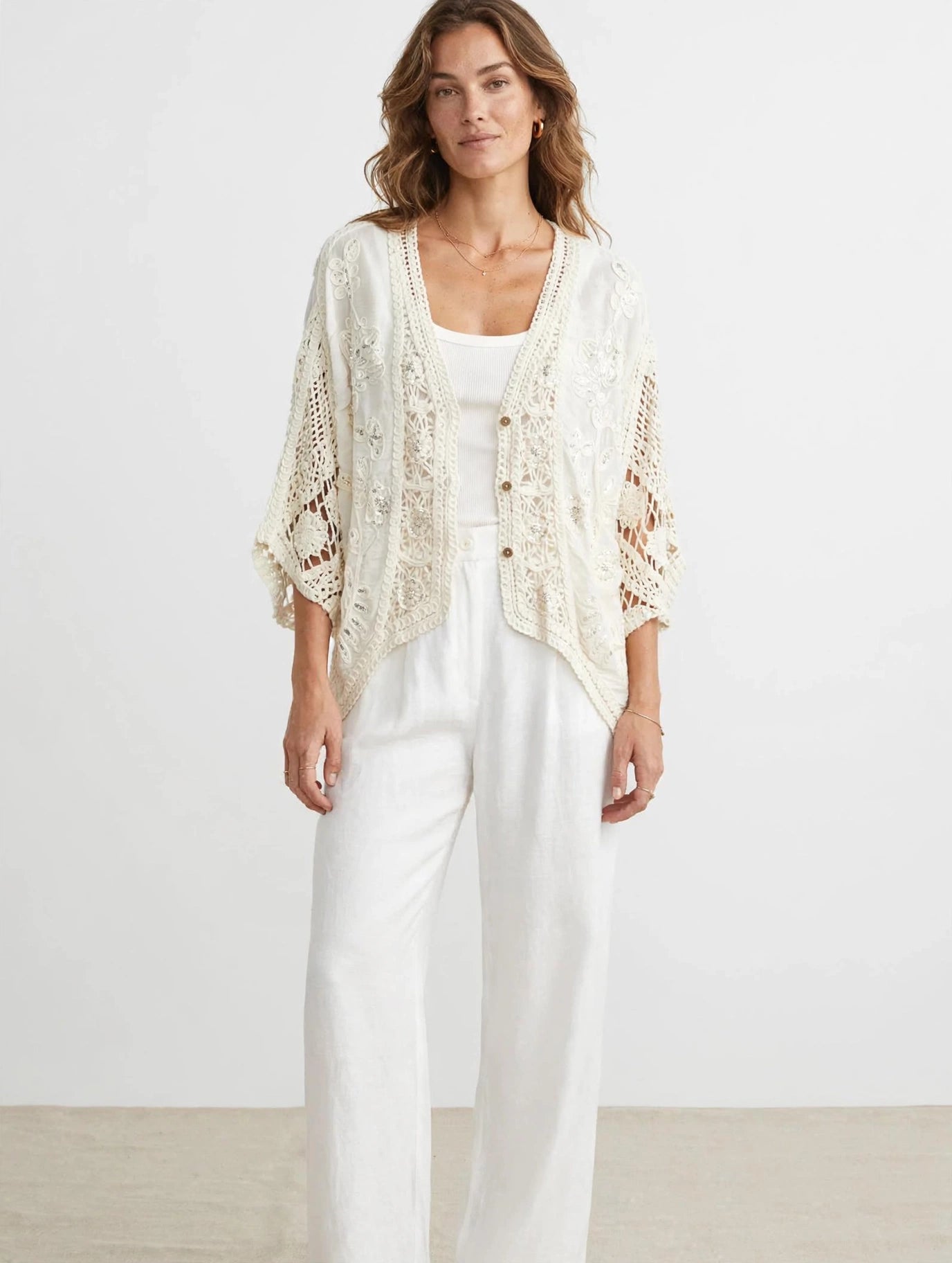 Glamè Off White Boho Crochet Cardigan with Sequin Embroidery  
#00297