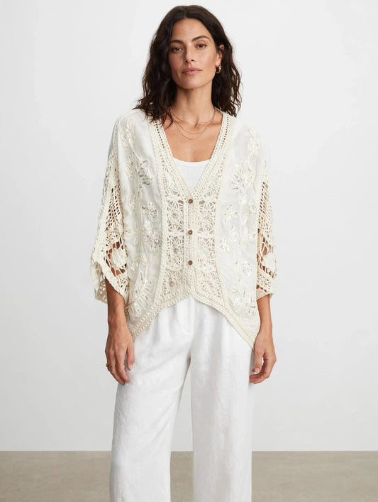 Glamè Off White Boho Crochet Cardigan with Sequin Embroidery  
#00297