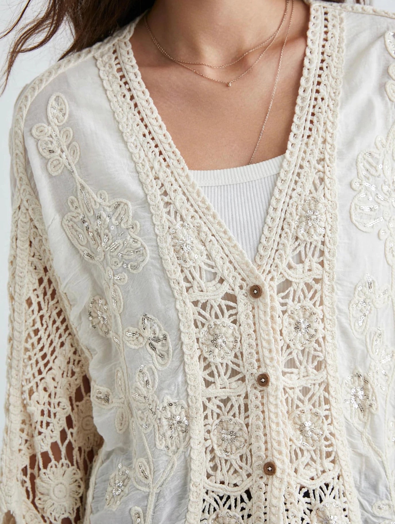 Glamè Off White Boho Crochet Cardigan with Sequin Embroidery  
#00297
